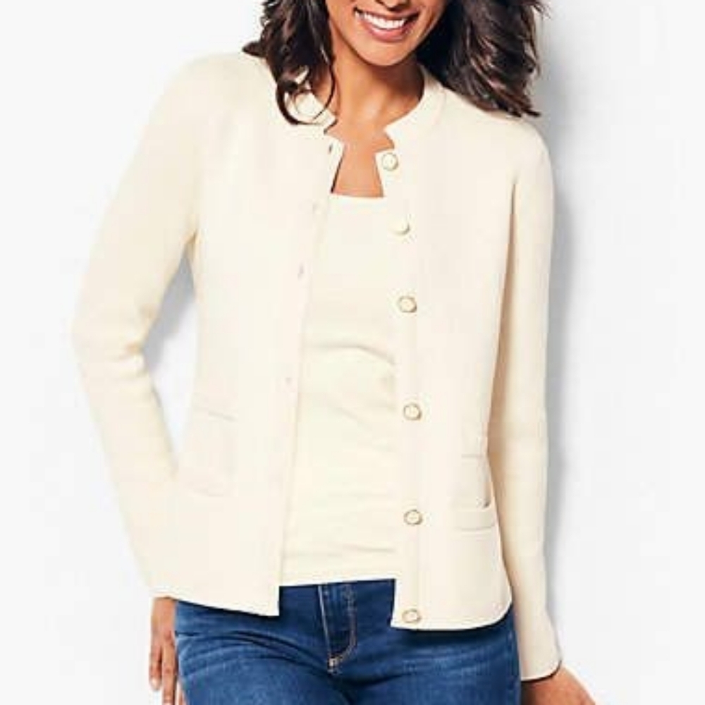 Talbots button down sweater petite large cream with white gold buttons